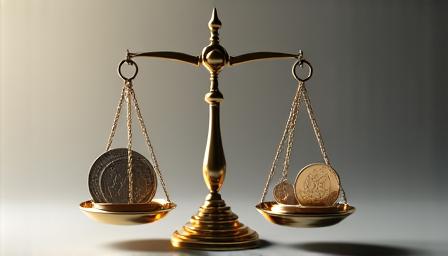 A balanced scale with coins, representing stable investment.